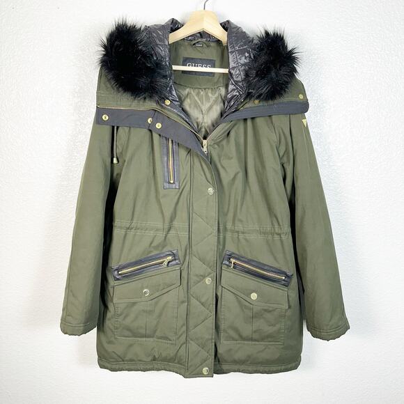 Guess Women's Faux Fur Trim Convertible Parka Winter Coat In Green Size Xxl